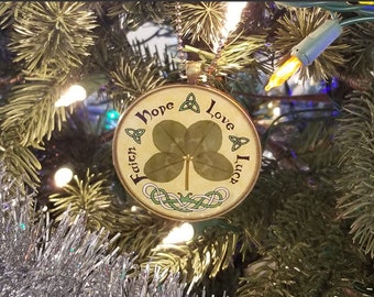 Lucky Four-Leaf Clover Ornament: Faith, Hope, Love, Luck, Antiqued Parchment and Brass, Celtic Uncial Calligraphy, Preserved in resin