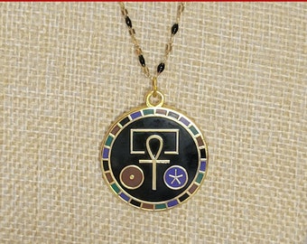 House of Life Ancient Egyptian Necklace, Amulet for Writers, Artists, Magicians, and Healers, Gold-Finished Enamel, Mini-Rosary (Black)