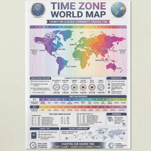 World Time Zone Map Poster, Printable Wall Art Digital Download, UTC GMT Chart, Office and Classroom Decor, Instant Download
