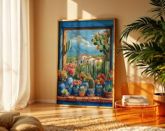 May include: A framed painting of a desert landscape with cacti and flowers in blue and green ceramic pots. The painting is set against a backdrop of a blue sky and mountains.