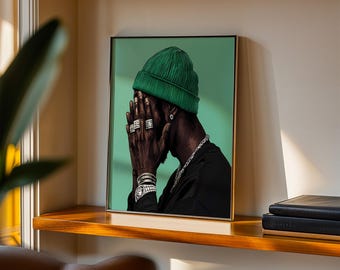 Stylish Digital Art of Man with Green Beanie, Jewelry & Minimalist Background, Trendy Wall Art for Modern Spaces, Unique Gift Idea