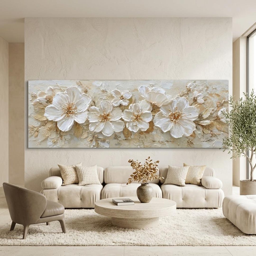 White and Gold 3D Flower Painting on Canvas Print, Large Panoramic ...