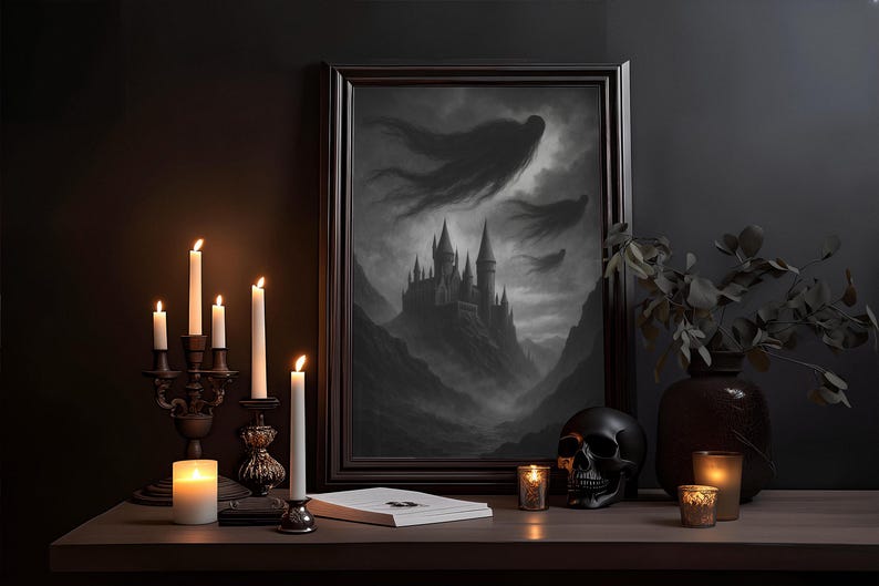 May include: A framed monochrome artwork shows a gothic castle scene with dark clouds and figures. Lit candles in ornate holders and a black skull sit on a wooden surface, creating a spooky display. A dark vase holds leafy branches.