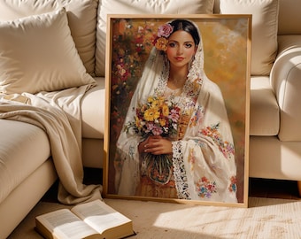 Mexican Romantic Bride Portrait Digital Art, Vintage Floral Woman Painting, Boho Ethnic Wall Art, Timeless Feminine Decor