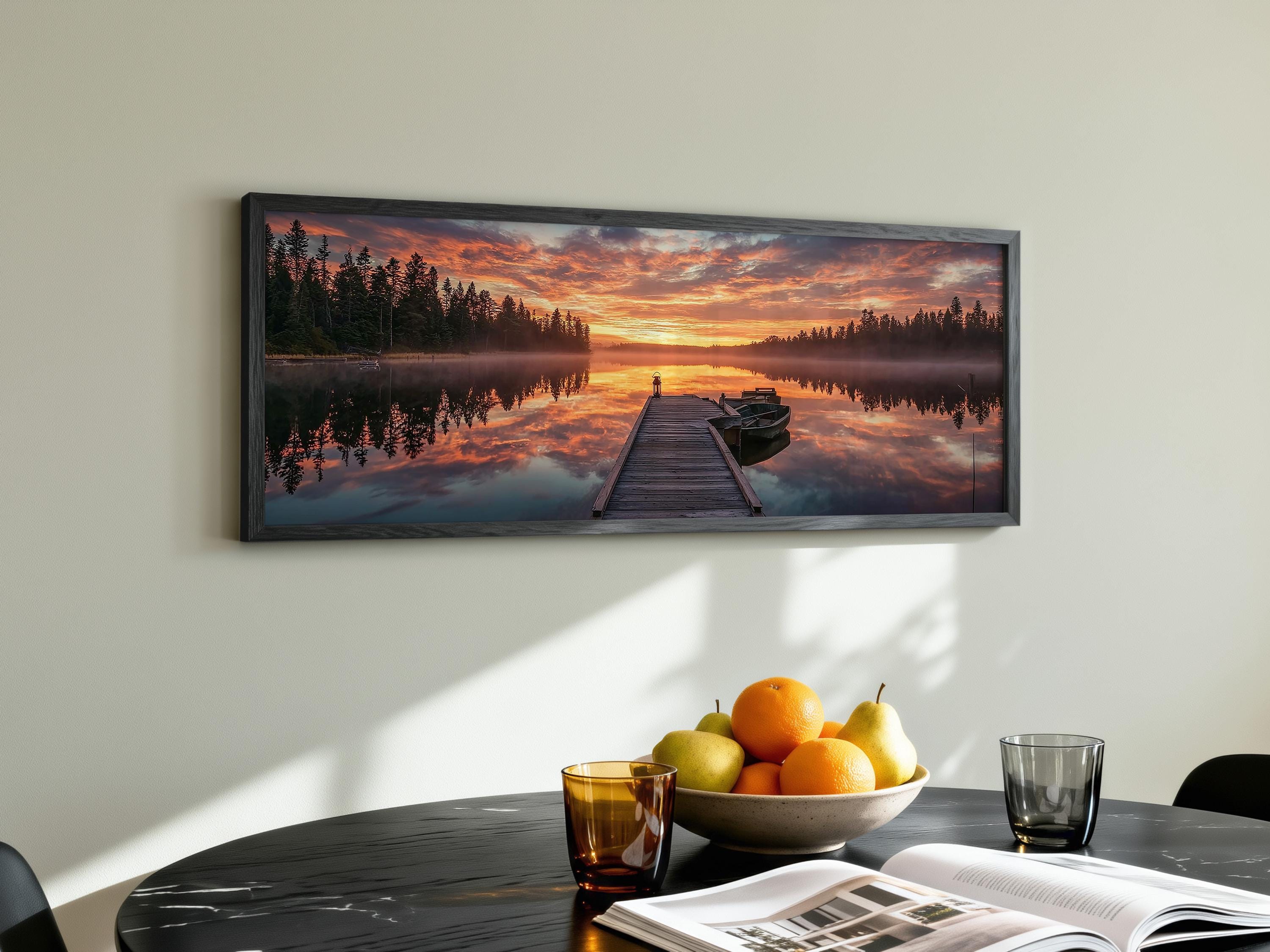 Lake Sunset Panoramic Canvas Print, Wooden Dock Reflection Wall Art ...
