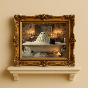 Stampa di gatto nero e fantasma nella vasca da bagno, divertenti stampe gotiche per il bagno a tema Halloween, poster stampabile di Halloween, arte murale stampabile di Halloween