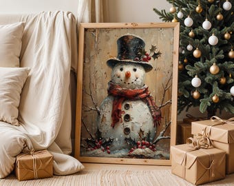 Vintage Snowman Christmas Canvas Wall Art, Rustic Holiday Print, Cozy Winter Home Decor, Holiday Season and Housewarming Gift