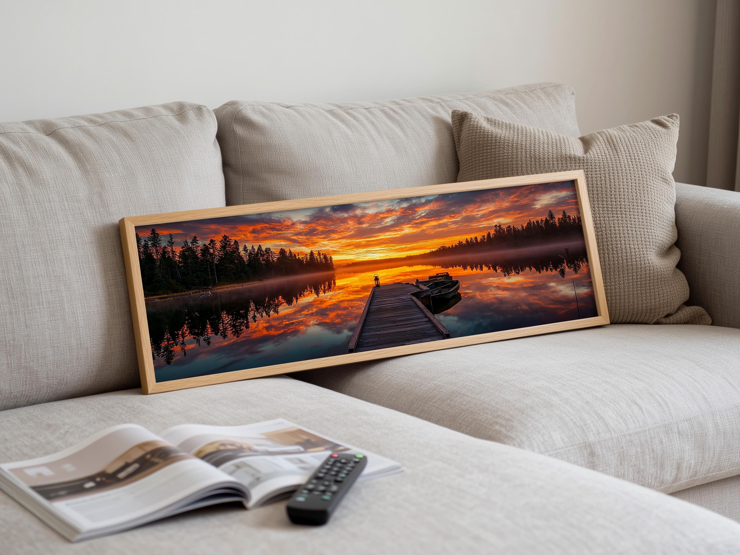 Lake Sunset Panoramic Canvas Print, Wooden Dock Reflection Wall Art ...