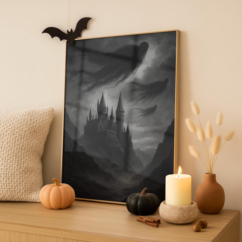May include: A framed grayscale print of a castle on a mountain, with ghostly figures in the sky. A black bat decoration hangs above the frame. Decorative pumpkins, a lit candle, and a vase with dried flowers sit on a wooden surface.
