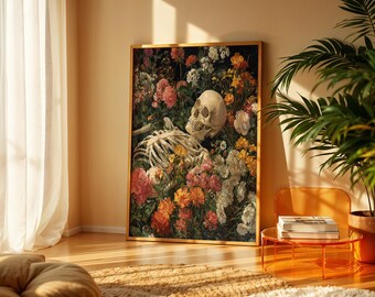 Memento Mori Wall Art Print, Romantic Skeleton Floral Poster, Baroque Gothic Home Decor, Dark Academia Art, Vanitas Skull Floral Print