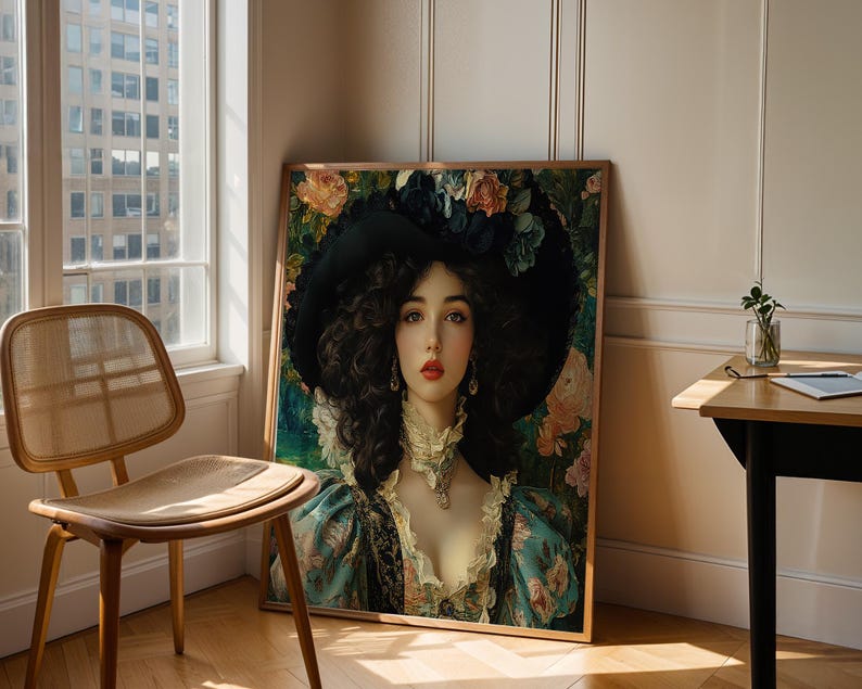 Vintage Floral Portrait Canvas Wall Art, Romantic Victorian Woman ...