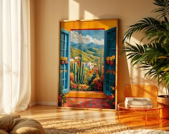 May include: A framed painting of a blue door with a view of a desert landscape with cacti and mountains. The door is open and the view is framed by a yellow wall.