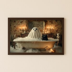 Black Cat & Ghost in Bathtub Print, Funny Halloween Goth Bathroom Prints Decor, Halloween Printable Poster, Halloween Printable Wall Art