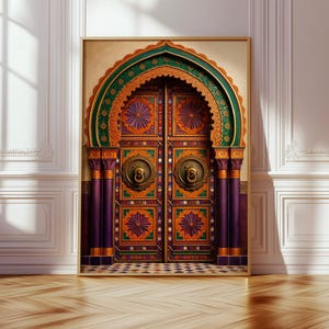 May include: A framed print of an ornate, arched doorway. The door is a vibrant mix of orange, purple, green, and gold, with intricate floral patterns and brass door knockers. The artwork is set against a white wall with molding and a wooden floor.
