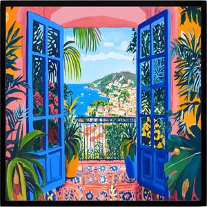 Mittelmeer Balkon Blick Gemälde, Bunte Küsten Wand Kunst, Côte d'Azur Landschaft Druck, Offene Fenster Ozean Szene, Tropische Wohnkultur
