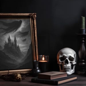 May include: A dark, gothic still life featuring a framed painting of a castle, a silver skull, candles, and books. The painting has a gold frame. The scene is moody, with a focus on Halloween decor.