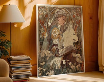 Lady Knight Reading Canvas Wall Art, Whimsical Decor, Moody Fairytale Aesthetic Posters, Light Academia Print, Bookworm Gift