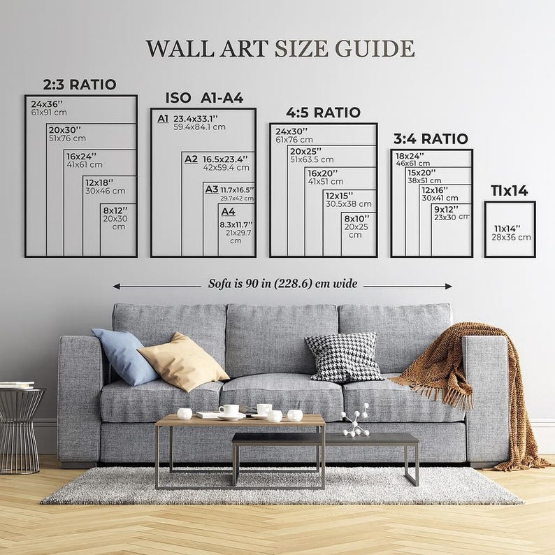 May include: Wall art size guide showing print dimensions in cm and inches. Includes 2:3, ISO A1-A4, 4:5, 3:4, and 11x14 ratios. The sofa in the image is 228.6 cm wide.