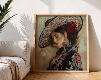 Mexican Floral Digital Art Print, Romantic Mariachi Wall Decor, Southwestern Modern Framed Wall Art, Rustic Mexico Home Decor M16