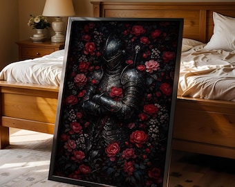 Medieval Knight Floral Canvas Art Print, Knightcore Fantasy Poster, Fantasy Maximalist Decor, Dark Academia Print, Goth Moody Victorian Art
