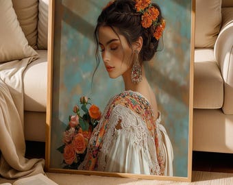Floral Mexican Woman Digital Wall Art, Colorful Latin Heritage Portrait in Vintage Oil Painting Style and Orange Flowers Hair M04