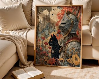 Medieval Knight and Black Cat Canvas Wall Art, Fantasy Castle Illustration, Knightcore Gothic Cottagecore Home Decor