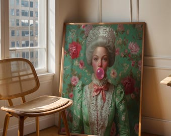 Marie Antoinette Bubblegum Wall Art, Rococo Pop Art Portrait, Vintage Feminine Canvas Print, Pastel Maximalist Home Decor