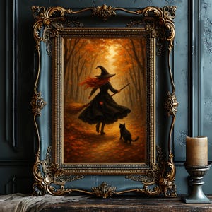 Halloween Witch Black Cat Print: Gothic Whimsigoth Wall Art (Digital Download)