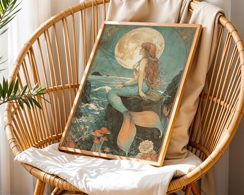 May include: A framed art print featuring a mermaid sitting on a rock, with a full moon in the background. The mermaid has long red hair and a turquoise tail. The artwork is in a vintage style, with muted colors and a wooden frame.