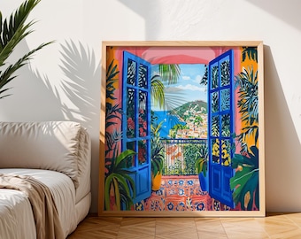 Mediterranean Balcony View Print, Coastal French Riviera Art, Digital Download, C01