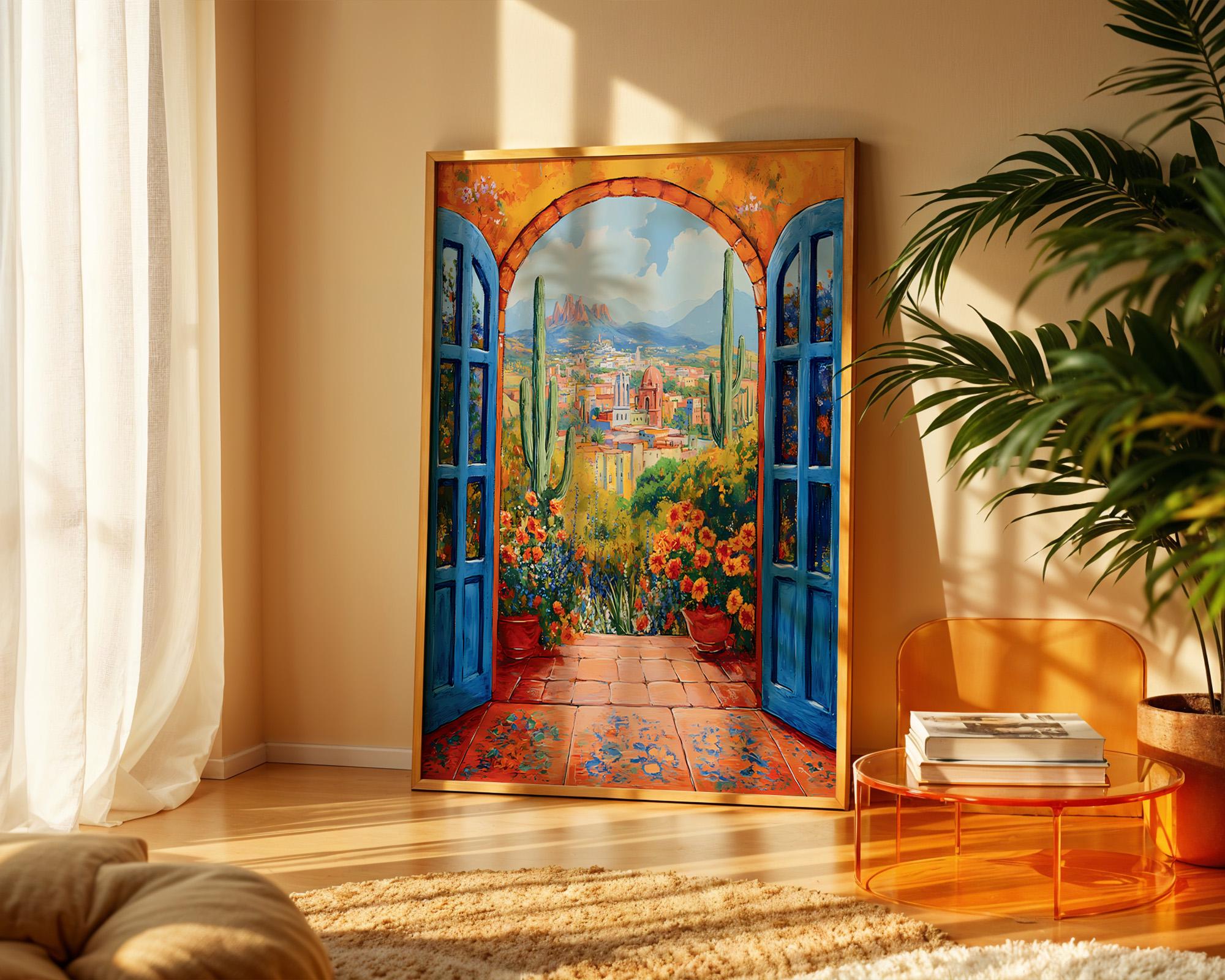 軒瓦 古瓦 モダン アンティーク ヴィンテージ レトロ wall art US Mexican Window View Wall Art, Colorful Colonial Cityscape Painting