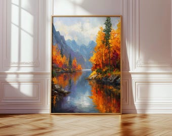 Pintura de acuarela de paisaje otoñal, impresión digital de arte mural, arte de paisaje otoñal, decoración otoñal, arte de bosque natural, H03