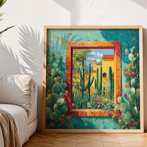 Mexikanische Kaktus Leinwand Wand Kunst Druck, Traditionelle Folk Mexikanische Kaktus Poster, Vintage Wüsten Kaktus Kunst, Mexikanische Boho Wüste Wand Kunst Dekor
