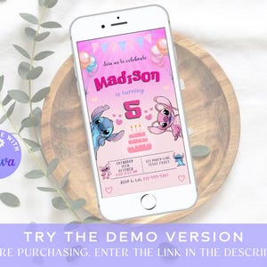 May include: A pink and blue digital invitation for a 5th birthday party. The invitation features a cartoon character with a pink bow and a pink cake with candles. The text on the invitation reads "Join us to celebrate Madison is turning 5".