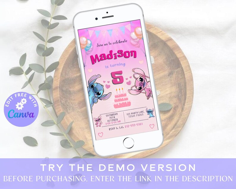 May include: A pink and blue digital invitation for a 5th birthday party. The invitation features a cartoon character with a pink bow and a pink cake with candles. The text on the invitation reads "Join us to celebrate Madison is turning 5".