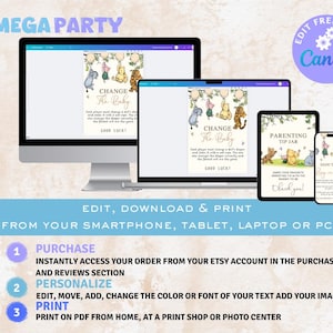 May include: Printable digital download for a baby shower game. The game is called "Change the Baby". The game features Winnie the Pooh and friends. The game instructions are: Each player must change a doll's diaper. The player who changes the diaper correctly and the fastest will win the game. Good luck!