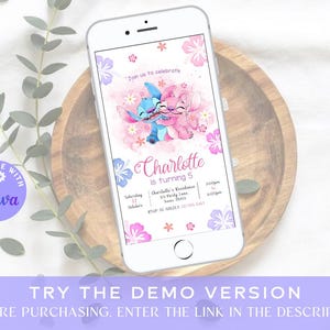 May include: A digital invitation for a 5th birthday party featuring Stitch and Angel from Lilo & Stitch. The invitation is pink and purple with floral accents and the text "Join us to celebrate Charlotte is turning 5".