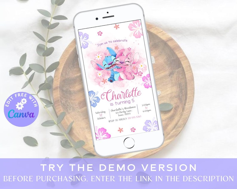 May include: A digital invitation for a 5th birthday party featuring Stitch and Angel from Lilo & Stitch. The invitation is pink and purple with floral accents and the text "Join us to celebrate Charlotte is turning 5".