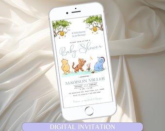 Invitación para baby shower de Winnie Pooh, fiesta de baby shower de niño con Winnie Pooh, invitación clásica para baby shower de Winnie Pooh, editable e imprimible.