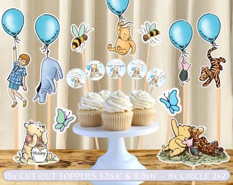 Winnie the Pooh Baby Shower Decorations. Pooh Bear Cake Topper. Blue Boy Baby Shower Decor Cutouts. Classic Winnie the Pooh Centerpiece. S3