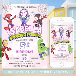 Invitación de cumpleaños de Spider-Man Fantasma, Invitación de cumpleaños de Spidey y sus increíbles amigos, Invitación de Iron Man y Hulk, Plantilla editable de superhéroes