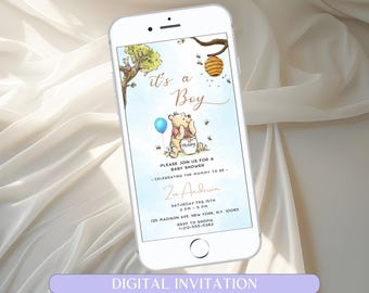 Editable Winnie The Pooh Baby Shower Invitation, Winnie Pooh Invitation Its A Boy Pooh Invite Blue Evite Printable Template Instant Download