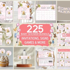 Bearbeitbares Winnie The Pooh Baby Shower Bundle. Vintage Winnie Bär Einladung. Baby Shower Girl Partydekorationen, Schilder, Spiele zum Ausdrucken. S2