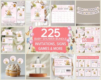 Pacote editável de chá de bebê do Ursinho Pooh. Convite vintage do Ursinho Ursinho. Decorações para festa de chá de bebê, placas, jogos para imprimir. S2