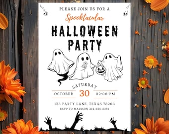 May include: A Halloween party invitation with a spooky theme. The white invitation features black text that reads "HALLOWEEN PARTY" and includes ghost illustrations. The invitation is 5x7 inches and includes event details.