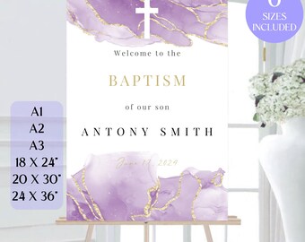 Girl Baptism Welcome Sign, Christening Template Welcome Banner, Baptism Welcome Sign, Purple Baptism Sign, Editable Printable