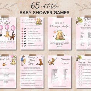May include: A set of 10 printable Winnie the Pooh baby shower game cards. The cards are pink with white text and feature illustrations of Winnie the Pooh and his friends. The games include "My Water Broke", "Who Said It", "How Big Is Mommy's Belly", "What's In Your Purse", "Baby Shower Mad Libs", "Nursery Rhyme Quiz", "Character Memes", and "The Old Wives Tale: Boy or Girl?"