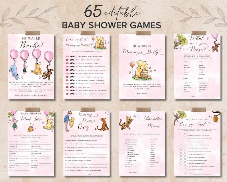 May include: A set of 10 printable Winnie the Pooh baby shower game cards. The cards are pink with white text and feature illustrations of Winnie the Pooh and his friends. The games include "My Water Broke", "Who Said It", "How Big Is Mommy's Belly", "What's In Your Purse", "Baby Shower Mad Libs", "Nursery Rhyme Quiz", "Character Memes", and "The Old Wives Tale: Boy or Girl?"