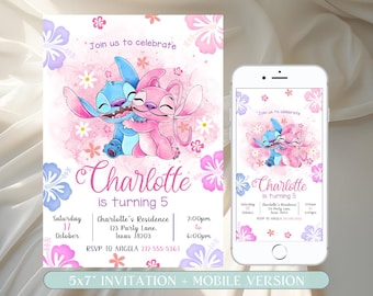 Stitch and Angel Birthday Invitation, Editable Stitch Invitation, Digital Party Invite, Stitch Birthday Party Invitation Printable