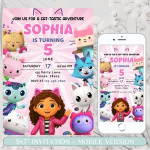 Gabbys Dollhouse Birthday Invitation, Editable Gabby&#39;s Birthday invite, Gabby Girl Printable Template, Gabby Digital Invite Instant Download